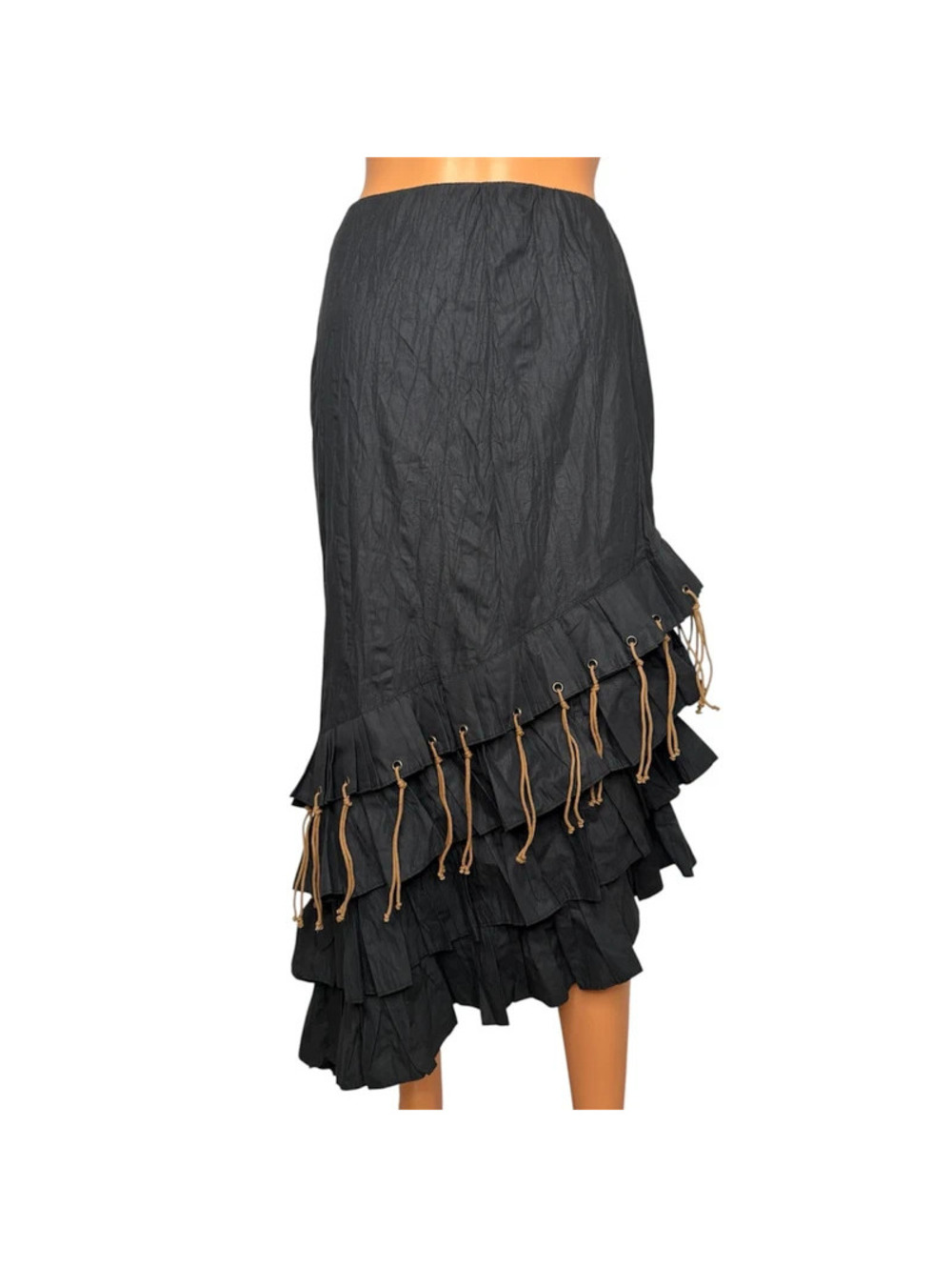 Vintage Y2K Romantic Black Asymmetrical Tiered Ruffle Maxi Skirt Tassel Grommet